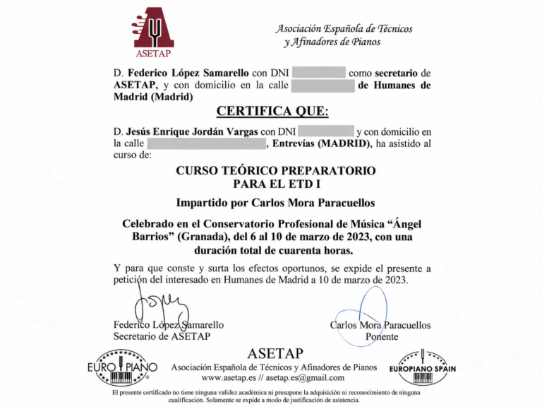 Certificado de asistencia: curso teórico preparatorio para el ETD I, ASETAP, Granada, marzo de 2023