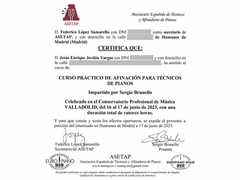 Certificado de asistencia: curso práctico de afinación para técnicos de pianos, ASETAP, Valladolid, junio de 2023