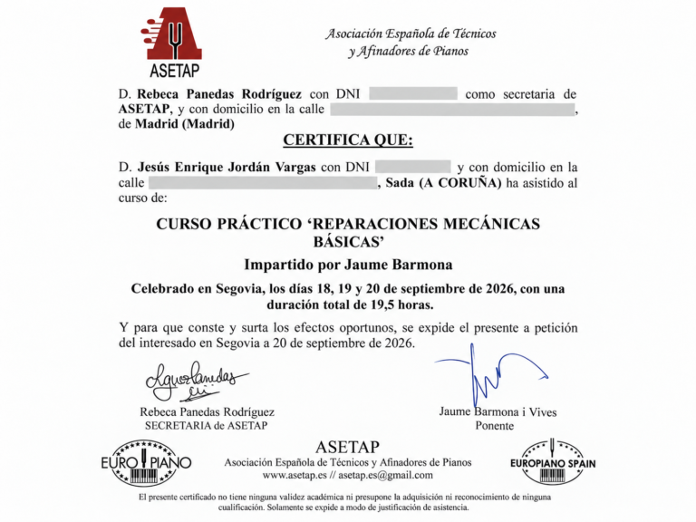 Certificado de asistencia: curso práctico Reparaciones mecánicas básicas, ASETAP, Segovia, septiembre de 2026